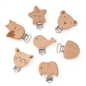 5개입 너도밤나무 고무젖꼭지 클립 동물 모양 치발기 나무 고무젖꼭지 클립 체인 아기 치발기 수유 액세서리