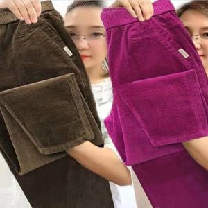 두꺼운 코듀로이 하란 팬츠 (엄마들을 위한 캐주얼 스트레이트 레그 하이웨이스트 엘라스틱 허리밴드 폴리에스터 섬유 퓨어 컬러 포켓 디테일)