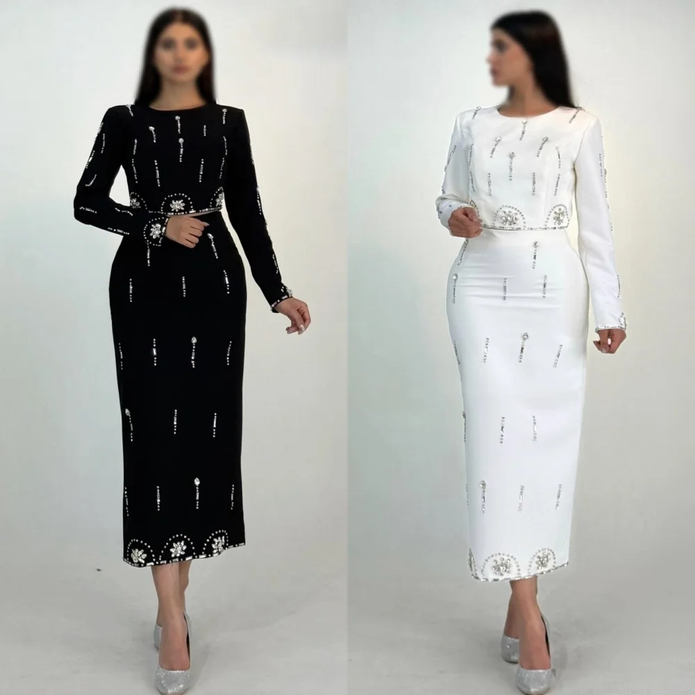 맞춤형 반짝이는 정교한 저지 라인스톤 꽃무늬 스트레이트 스쿱넥 미디 드레스 맞춤형 행사 드레스 고급스러운 캐주얼