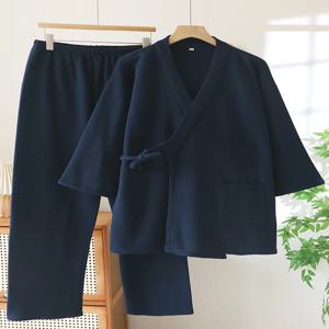 두꺼운 면 키모노 스타일 잠옷 남성용 유카타 에어 레이어 홈웨어 민속풍 에어컨 룸 V넥 긴 바지