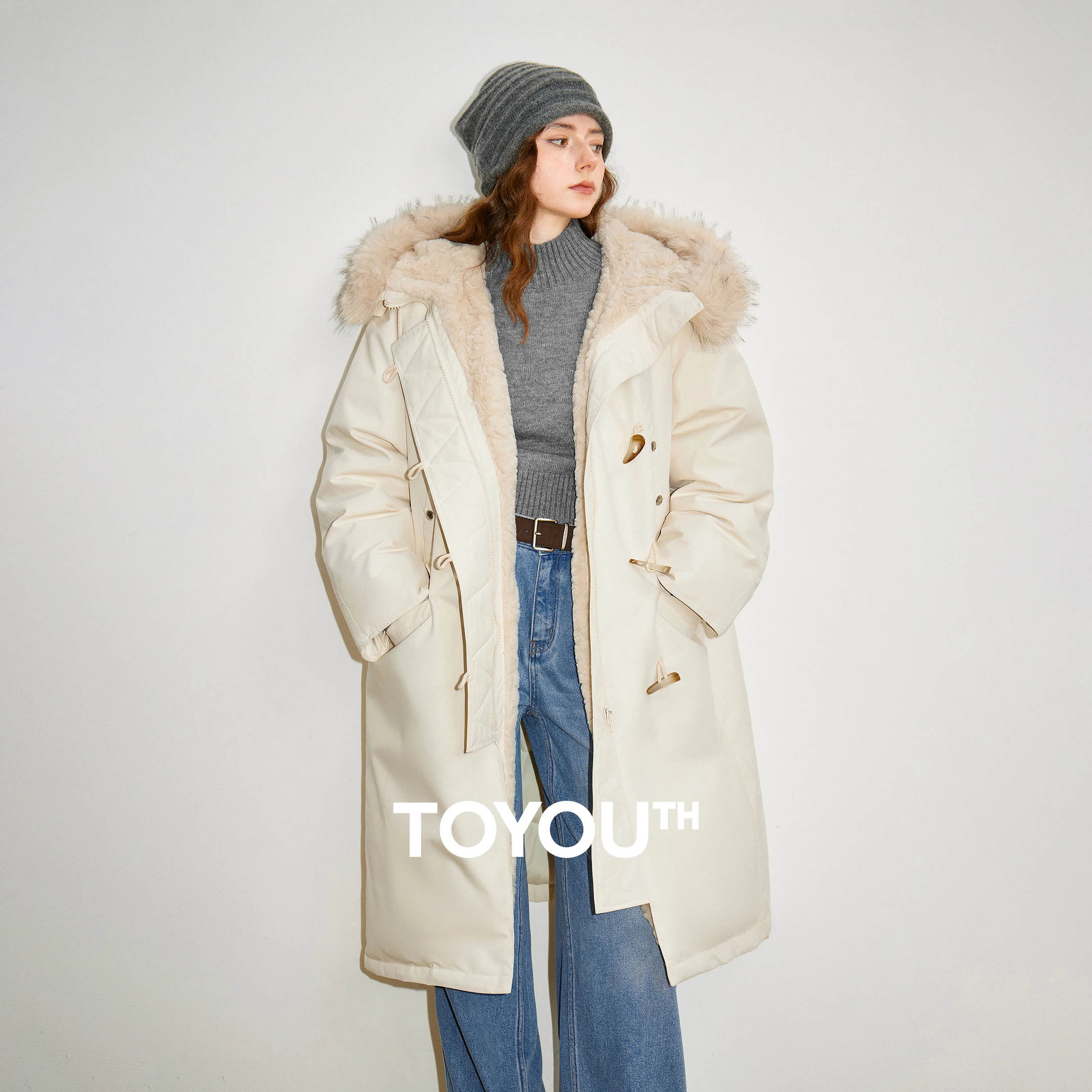 TOYOUTH 여성용 다운 재킷 2025 겨울 신상 비대칭 중간 길이 인조 토끼털 후드 뿔 버튼 재킷