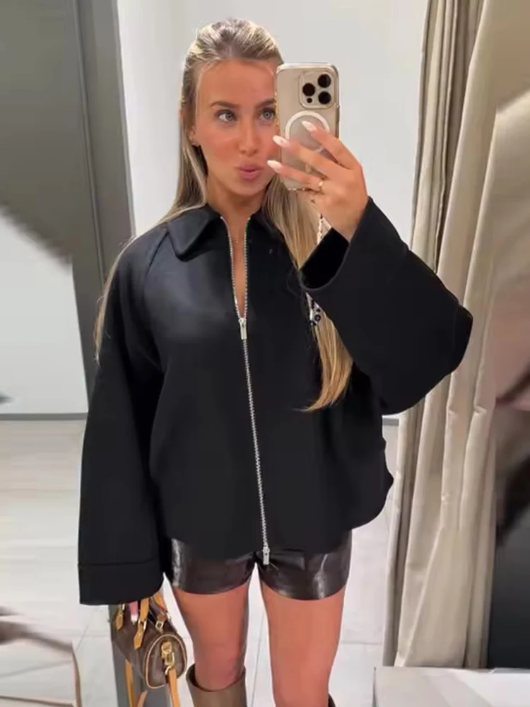 여성용 울 재킷 2025 가을 겨울 라펠 긴 소매 여성 코트 지퍼 루즈 여성 캐주얼 아우터웨어 레트로 여성 상의 ﻿