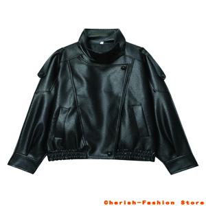 패션 블랙 가죽 재킷 여성 의류 가을 겨울 신상 루즈 캐주얼 코트 PU 가죽 모터사이클 재킷 여성 탑 브랜드