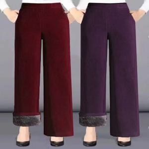 두꺼운 양털 안감이 있는 엄마 바지 중년 및 노인 여성을 위한 하이 웨이스트 와이드 레그 스트레이트 컷 겨울 캐주얼 바지