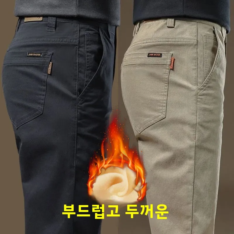남성 캐주얼 기모 안감 가을 겨울 스트레이트 레그 팬츠 튼튼한 로우 웨이스트 지퍼 플라이 편안한 데일리 웨어