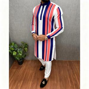 쿠르타 바르다 레귤러 핏 만다린 칼라 롱, 결혼식, 하리 라야, 아이딜피트리 등 국가 스타일에 적합, 무슬림 남성, 아랍 스타일