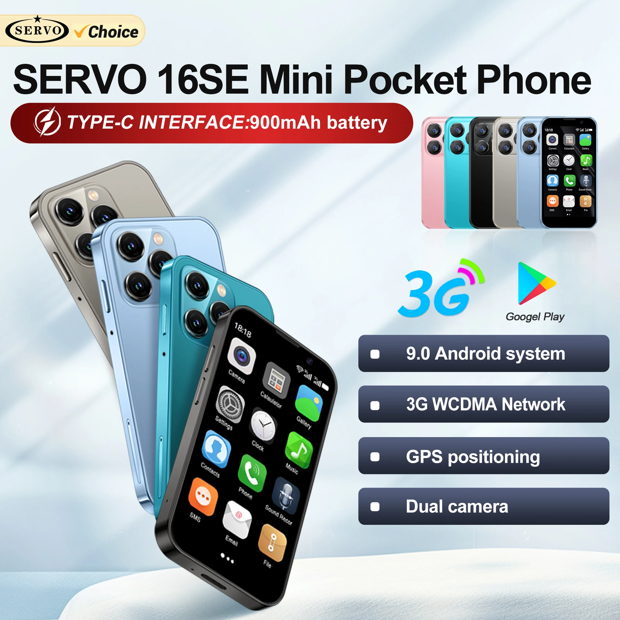 SERVO 16SE 미니 안드로이드 스마트폰 듀얼 SIM 대기 16GB ROM 플레이 스토어 와이파이 GPS 얼굴 인식 3G WCDMA 3.0인치 소형 스마트폰