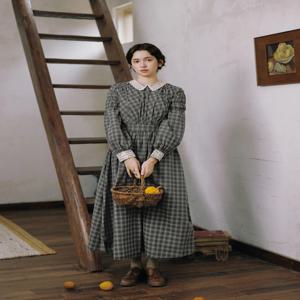 티이하일리 100% 면 봄 가을 여성 드레스 긴 소매 롱 맥시 여성복 S-XL 빈티지 하이웨이스트 체크 무늬 턴다운 칼라