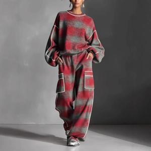 2026 여성용 체크 빈티지 스트리트 스타일 컬러 블록 트림 팬츠 세트 봄 여름