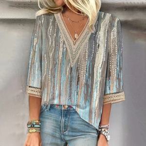 기질 블라우스 캐주얼 브이넥 우아한 블라우스 반팔 루즈 블라우스 탑 주말