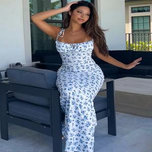 Hugcitar 여성 우아한 꽃 해변 휴가 Bodycon streetwear 긴 드레스 2023 여름 의류 비즈니스를위한 도매 품목