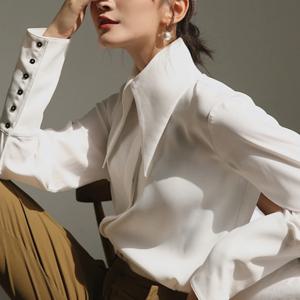 세련된 우아한 턴 다운 칼라 흰색 긴 소매 새틴 셔츠 패션 여성 빈티지 블라우스 2024 Office Lady Tops Blusas 16946