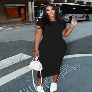 여성 여름 캐주얼 패션 슬림 피트 섹시한 솔리드 컬러 라운드 넥 반팔 롱 드레스 블랙 플러스 사이즈 XS-5XL