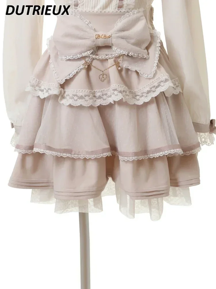 Mine Style 대량 생산 일본 캐주얼 라미네이트 프릴 레이스 스커트 2023 가을 겨울 하이 웨이스트 코르셋 A 라인 미니 스커트