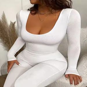 봄과 여름 새로운 여성 점프 슈트 긴 소매 솔리드 컬러 스키니 점프 슈트 패션 스포츠 피트니스 점프 슈트 풀오버