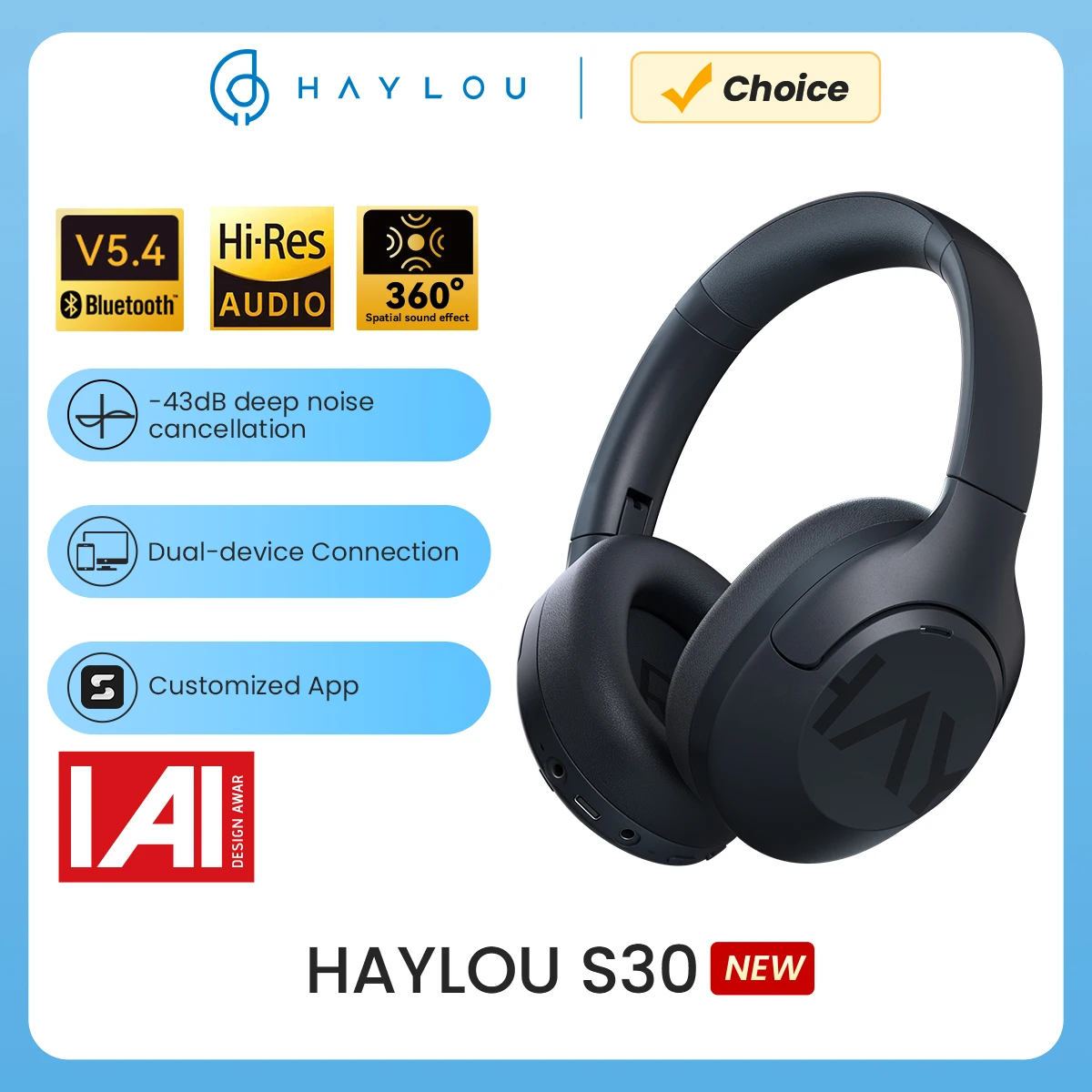 HAYLOU S30 무선 Bluetooth 5.4 헤드폰 43dB 적응 형 소음 차단 헤드셋 40mm 드라이버 80H 재생 시간 이어폰