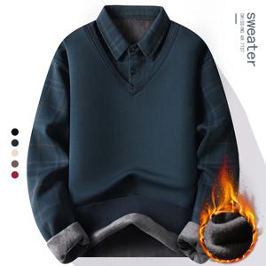 새로운 남성 양털 폴로 칼라 스웨터 가짜 2 조각 패치 워크 벨벳 풀오버 슬림 피트 탑 우아한 니트 스웨터
