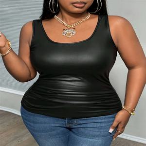 플러스 사이즈 유럽과 미국의 국경을 넘나드는 봄 여름 새로운 단색 PU 주름 U 넥 조끼