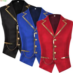 영국 스타일 남성 레드 민소매 조끼 재킷, 얇은 싱글 버튼 브이넥 양복 조끼, 골드 스트라이프 패치워크.