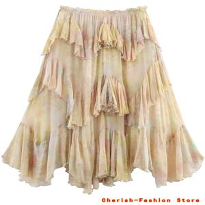 프랑스 스타일 꽃 레이스 a 라인 스커트 봄 가을 여성의 새로운 스타일 프릴 스커트 인쇄 하프 길이 스커트 폴리 에스터 섬유