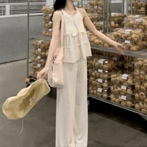 세련된 라운드넥 민소매 탑 하이웨이스트 스트레이트 레그 팬츠 여성 여름 신상 한국 스타일 투피스 세트