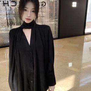 우아한 V넥 셔츠 여성용 루즈핏 슬리밍 젠틀 스타일 눈꽃 무늬 쉬폰 탑 출퇴근용 심플 긴팔 버튼 중간 길이