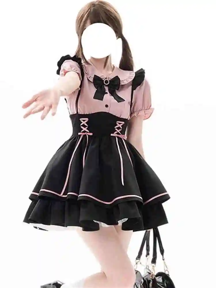 귀여운 달콤한 로리타 드레스 세트 여성용 학교 스타일 공주 스커트 블라우스 투피스 세트 하이 웨이스트 A라인 반팔 인형 칼라