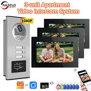 ANJIELO 1080P 3유닛 아파트 인터콤 비디오 도어벨 RFID 카드 잠금 해제 4선식 비디오 도어폰 시스템 TUYA 스마트