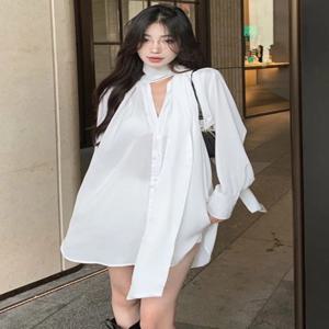 우아한 V넥 쉬폰 셔츠 여성용 루즈핏 슬리밍 고급스러운 눈꽃 패턴 오피스 스타일 긴팔 미디 기장