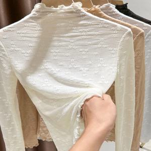 2023년 가을 레이스 베이스 셔츠 하프 하이 칼라 메쉬 이너웨어 프릴 장식 긴팔 얇은 탑 한국 스타일 통근용 단색 상의