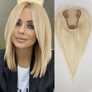 금발 골든 100% 레미 인모 헤어 토퍼 중간 가르마 12인치 실크 베이스 탑 헤어피스 클립형 여성용 헤어 익스텐션