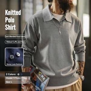 메이든 빈티지 남성 니트 폴로 셔츠 단색 긴팔 스웨트셔츠 부드러운 라펠 레이어 풀오버 니트웨어 가을 출퇴근용
