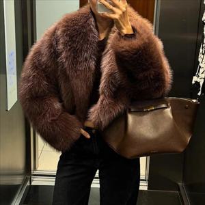 여성용 인조 모피 코트 단색 짧은 재킷 큰 칼라 긴 소매 오픈 스티치 스트레이트 핏 캐주얼 2025 가을 겨울