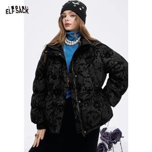 ELFSACK 2025 푸피 다운 코트 여성용 자카드 자수 허리 주름 고딕 로얄 빈티지 Y2K 겨울 롱 패딩 재킷