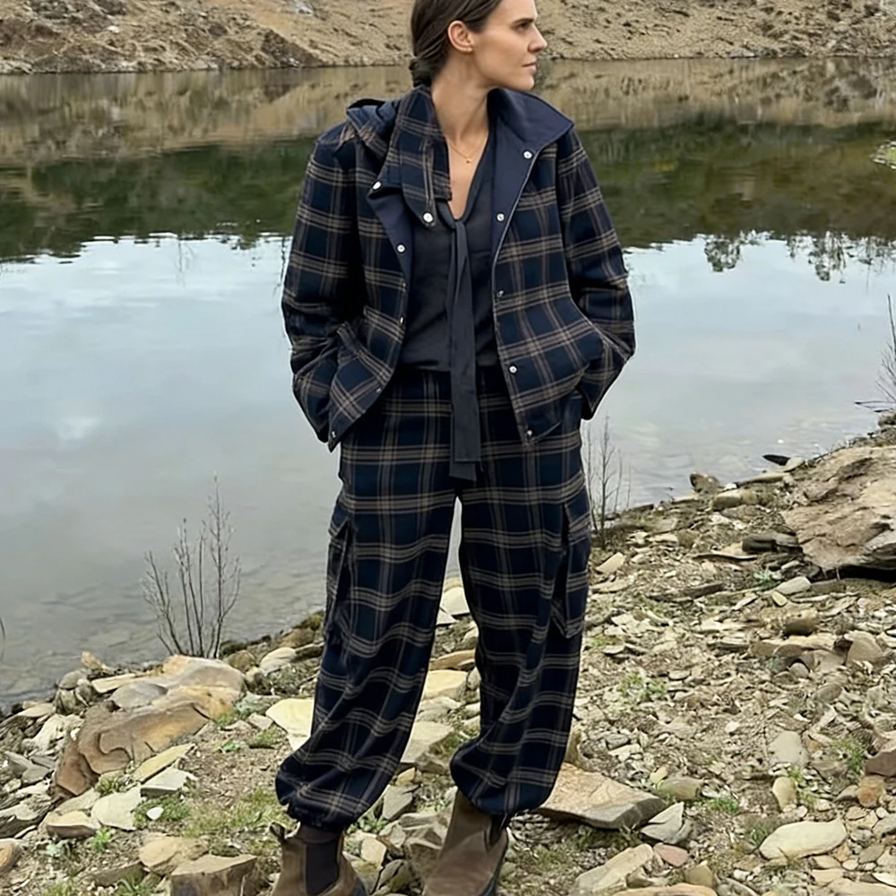 여성용 신상 캐주얼 시크 수트 체크무늬 후드 재킷 루즈 랜턴 워크웨어 팬츠 패션 가을 겨울 수트