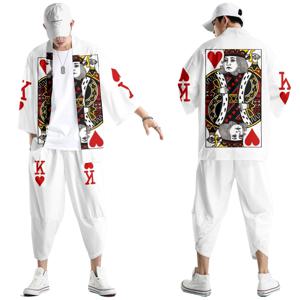 일본 기모노 카디건 바지 세트 프린트 카드 게임 포커 K Q 남성 여성 셔츠 전통 유카타 하오리 오비 코스프레 의상