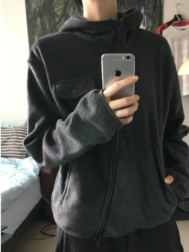 세련된 양면 플리스 숏 재킷 여성 캐주얼 스타일 한국 루즈핏 모자 포함 지퍼 여밈 가을 겨울