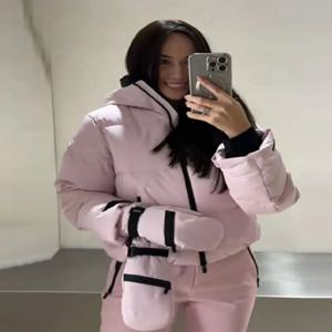 시크한 소녀 짧은 재킷+긴 바지 스키복 세트 귀여운 핑크 캐주얼 스포츠웨어 세트 여성용 신상 지퍼 겨울 야외복