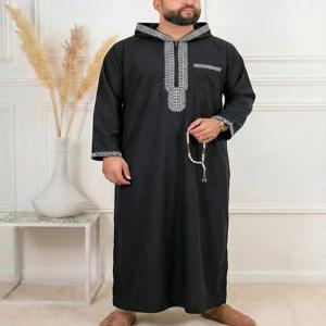 무슬림 남성용 검정 후드 지퍼 자수 로브 축제 기도 및 예배복