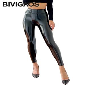 BIVIGAOS 새로운 여성 거울 가죽 레깅스 반사 반짝 이는 스트레치 PU 가죽 바지를 조이십시오 높은 허리 슬림 섹시한 레깅스