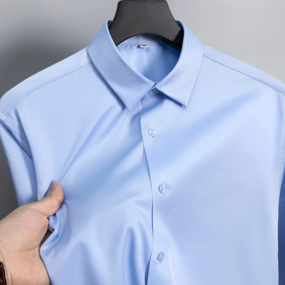 다리미 주름 방지 드레이프 남성용 셔츠, 긴팔, 비즈니스 캐주얼, 격식 있는 피팅, 회색 아이스 실크 셔츠