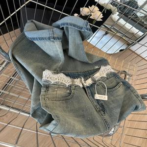 여성용 레이스 웨이스트 스몰 라인스톤 디자인 청바지, 하이웨이스트 스트레이트, 루즈핏 와이드 레그 팬츠, 2024 여름 신상