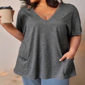 플러스 사이즈 여성용 V넥 반팔 캐주얼 티셔츠, 앞 주머니가 있는 편안하고 세련된 상의