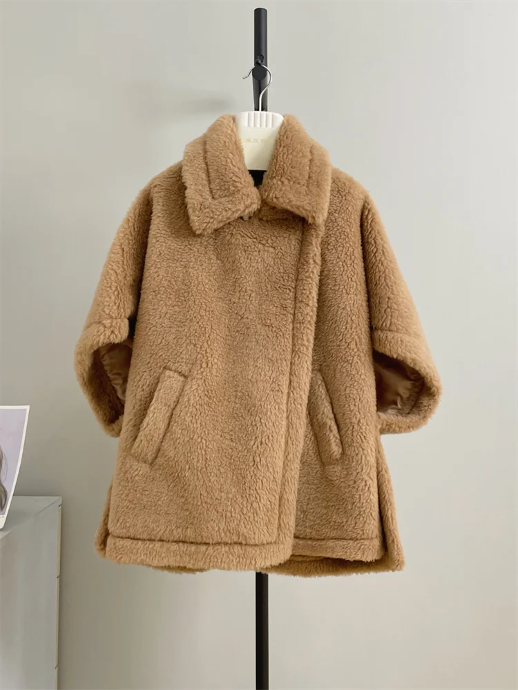 영 스타일 카멜 다운 실크 테디 코트 양털 재킷 긴소매 박쥐 날개 모양 통근 스타일 여성 겨울 아우터