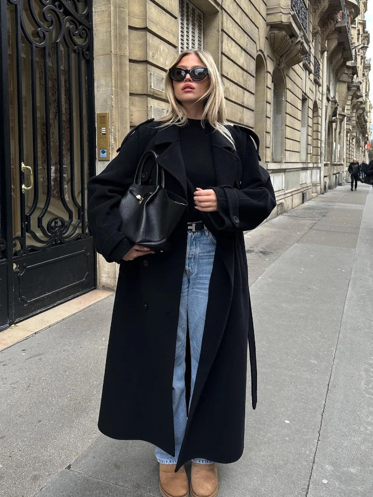 여성용 벨트와 우아한 블랙 롱 코트, 오버사이즈 모직 더블 단추 라펠 오버코트, 가을 신상 레이디 하이 스트리트 아우터
