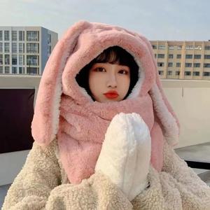 새로운 패션 스카프 모자 장갑 여성 귀여운 큰 귀 토끼 비니 겨울 따뜻한 부드러운 짙어지면서 포켓 따뜻한 귀 모자 후드 Skullie 모자