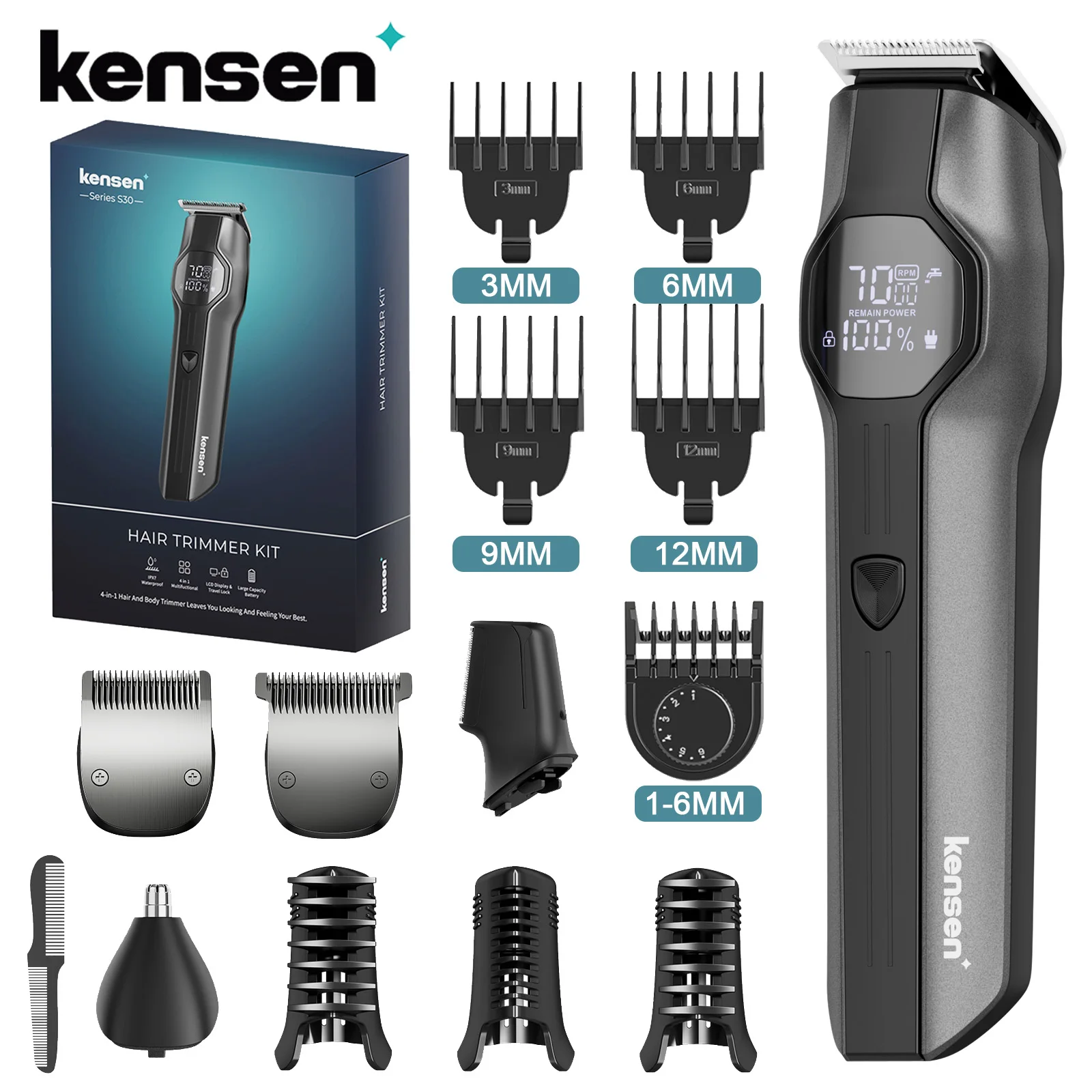 Kensen S30 4 in 1 무선 헤어 클리퍼 LED 디스플레이 남성 수염/코 트리머 충전식 이발사 그루밍 키트 헤어 커팅 머신