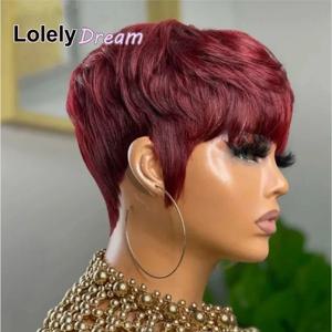 Lolley Dream 여성용 스트레이트 레미 인모 가발, 전체 기계 제작, 버건디 99J 컬러, 짧은 밥 픽시 컷, 앞머리 포함