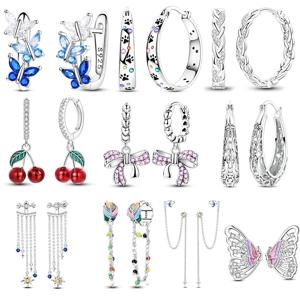 925 스털링 실버 태슬 귀걸이 여성 패션 리본 체리 귀걸이 반짝이는 지르콘 파베 귀걸이 고급 주얼리