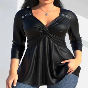 플러스 사이즈 여성 트위스트 블라우스 인조 PU 가죽 우아한 V넥 긴팔 슬림 플로위 블라우스 가을 솔리드 컬러 캐주얼 블라우스 셔츠
